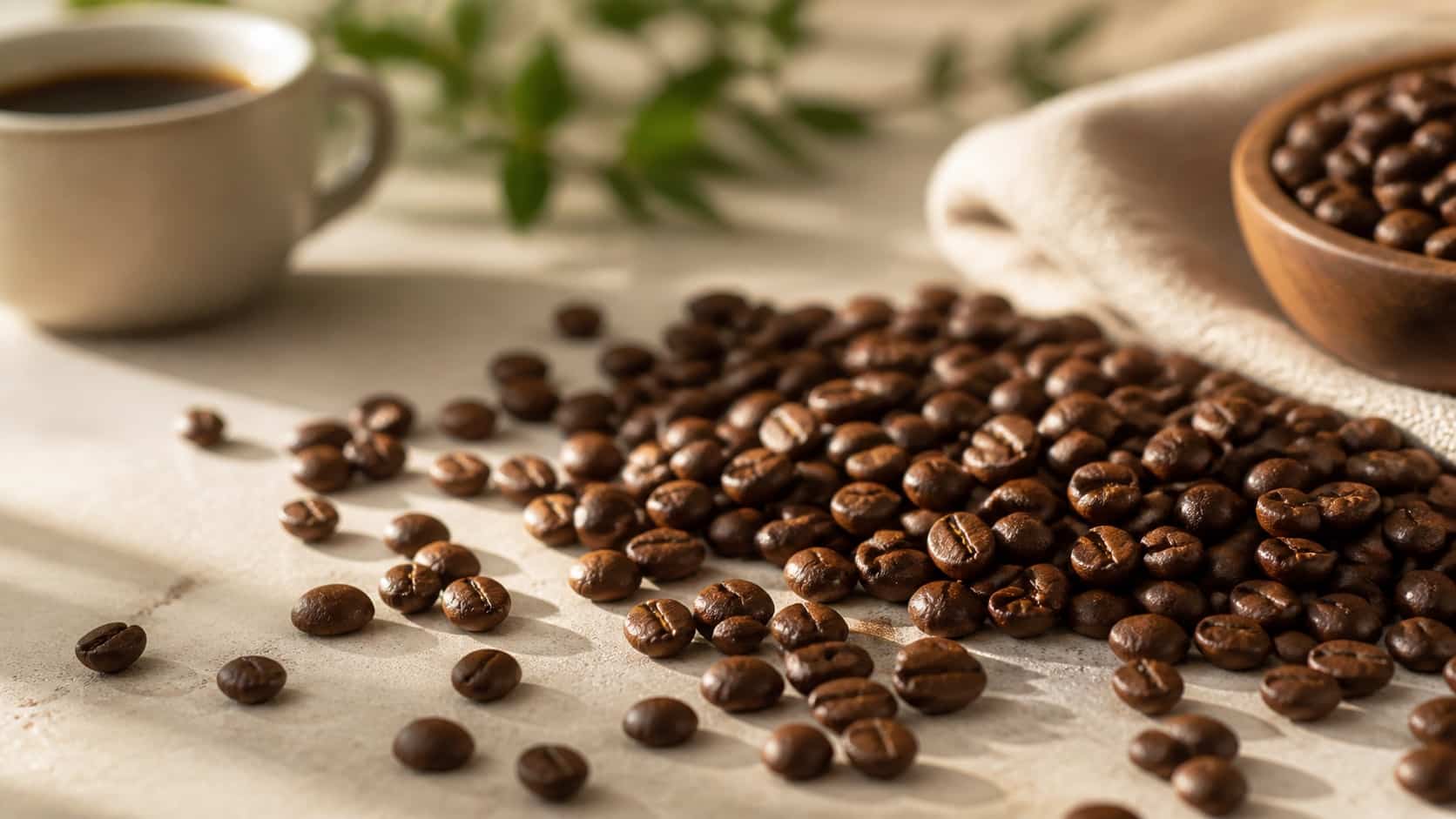 Ziarna kawy niskodrażniącej Ale'Eko Café na jasnym blacie dla osób, które zastanawiają się, jaką kawę wybrać